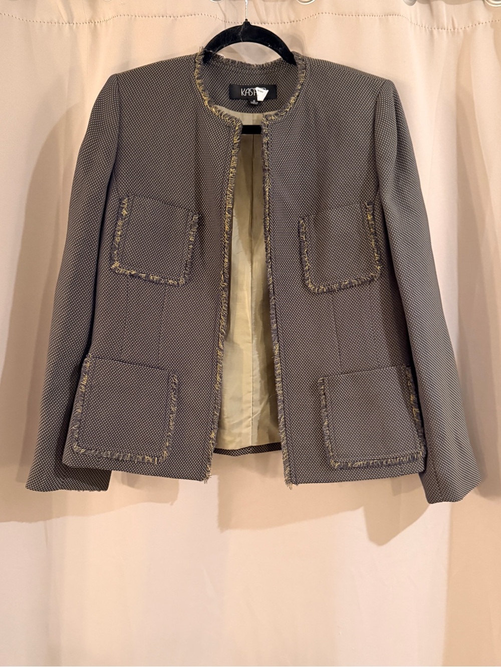 Kasper Brown and Green  Tweed Fringe-Trim Open Front Blazer